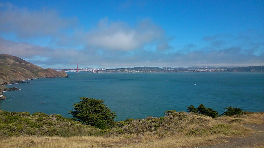 Over the Golden Gate Bridge outside the city of San Francisco looking back